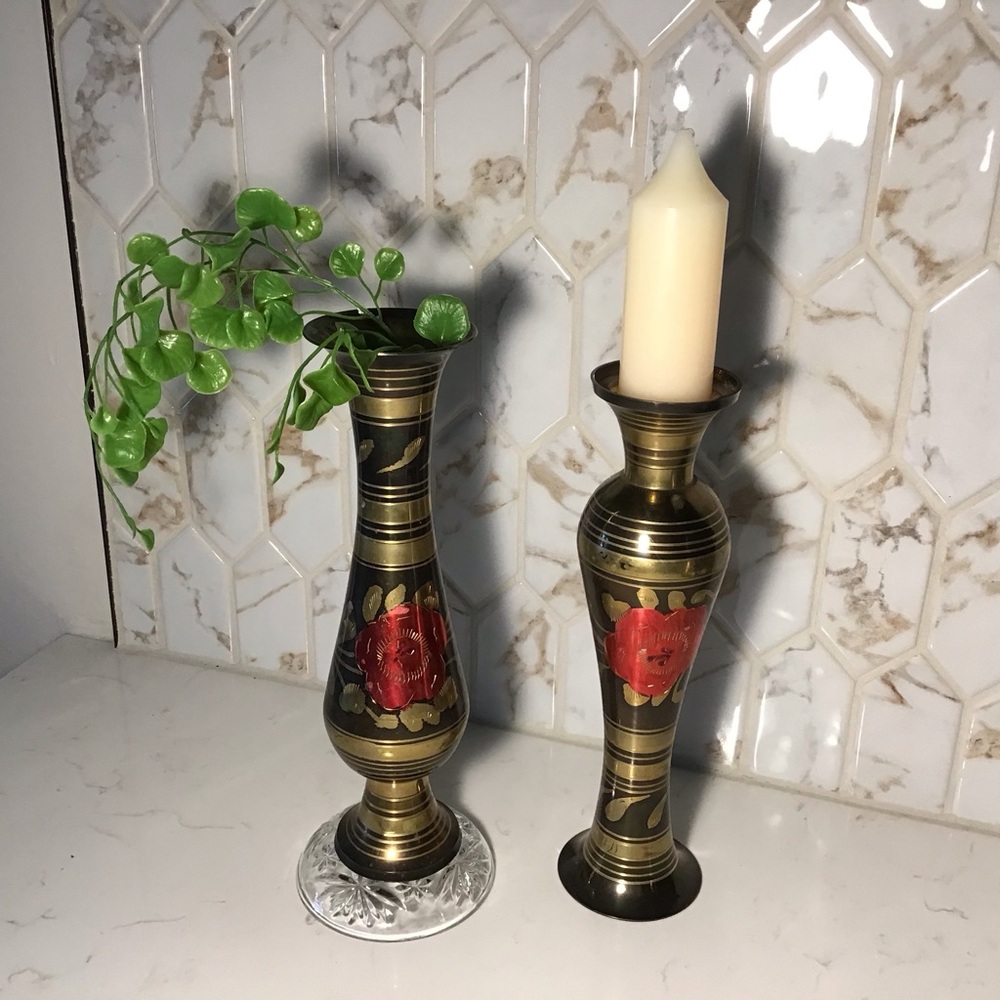 Vintage Made in India Brass Combo Vase / Reversible Candlestick – 10" Floral